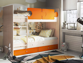 Кровать двухъярусная Тетрис латы с бортиками дуб млечный-оранжевый в Красноуральске - krasnouralsk.magazinmebel.ru | фото